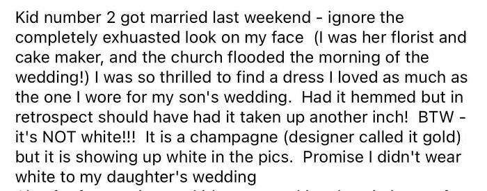 Text message describing a challenging wedding experience, mentioning being a florist and a cake maker for the event.