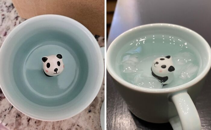 Panda-shaped tea infuser in a cup of water, showcasing weird things that actually exist.