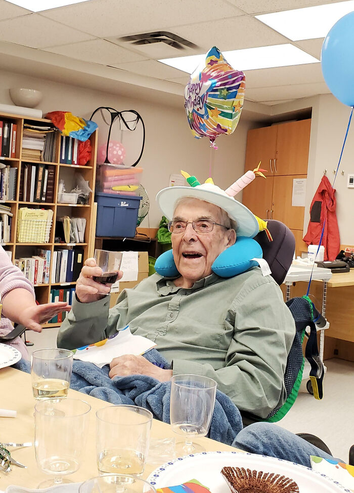 My Father-In-Law On His 102nd Birthday Enjoying Family And A Glass Of Wine