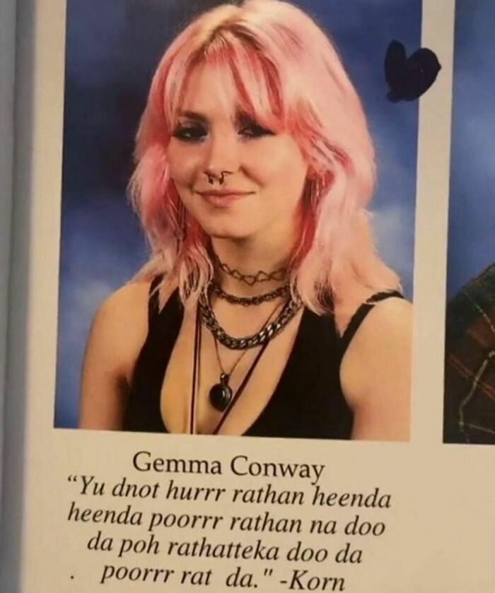 Person with pink hair and piercings, featured on a quirky Instagram account with humorous text.