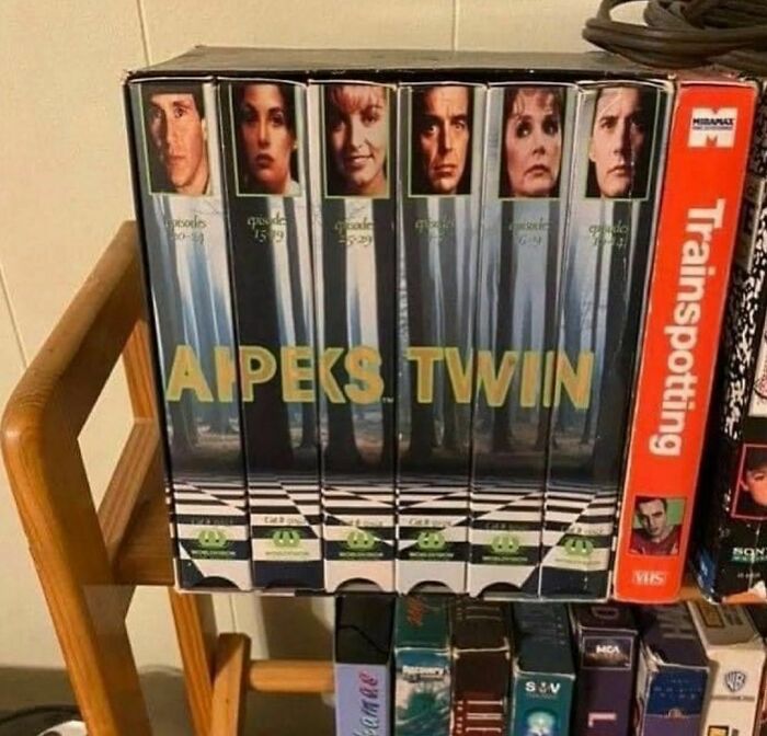 Weirdest Instagram account display of VHS tapes with mismatched "Twin Peaks" text on spine.