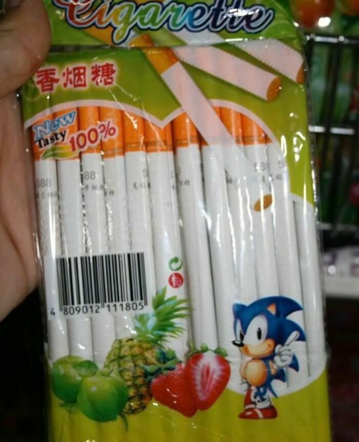 Packet of novelty cigarettes featuring fruit and a cartoon character, from a weird Instagram account.