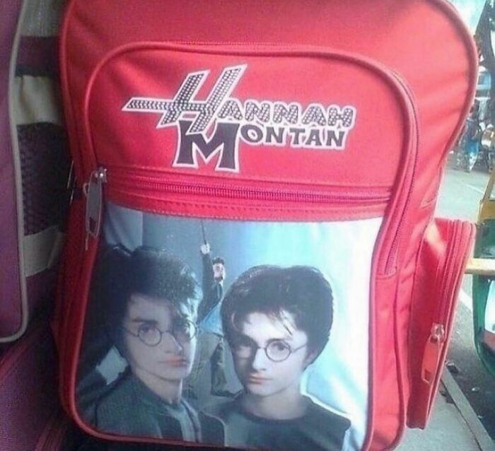Red backpack displaying "Hannah Montan" text and images of two bespectacled characters from a popular fantasy series.