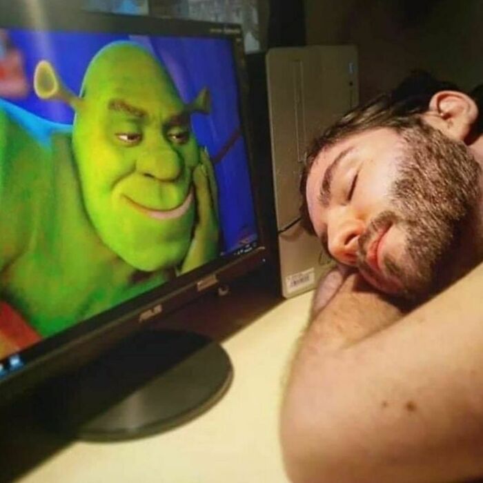Man sleeping beside a monitor displaying Shrek, reflecting the quirky nature of a weird Instagram account.