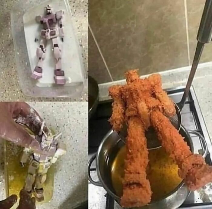 Robot toy covered in batter being prepared like food, showcasing weird content on "I Want To Leave Ok" Instagram account.