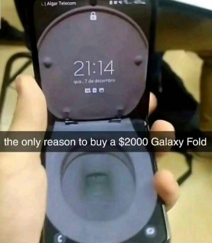 Weirdest Instagram account post showing a Galaxy Fold phone with a toilet seat image.