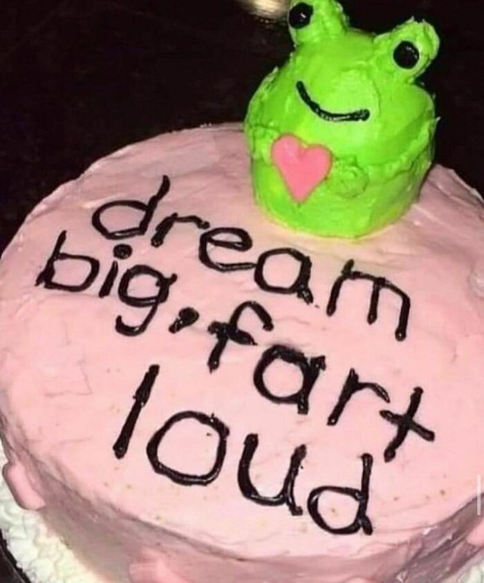 Whimsical cake with a frog design, featuring the humorous message "dream big, fart loud" from a quirky Instagram account.