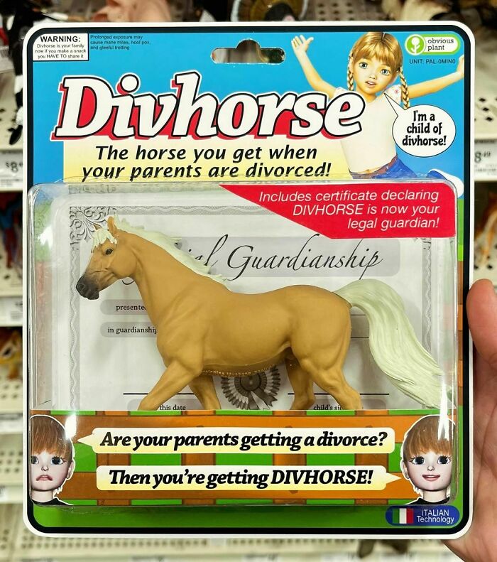 Fake product by Obvious Plant: "Divhorse" toy for kids of divorced parents, humorously packaged in a store setting.