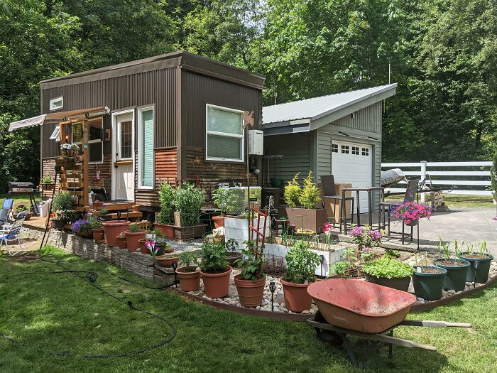 The Tiny House My Wife And I Built During The Quarantine Surrounded By The Starting Of Our Garden. (8x24ft Trailer)
