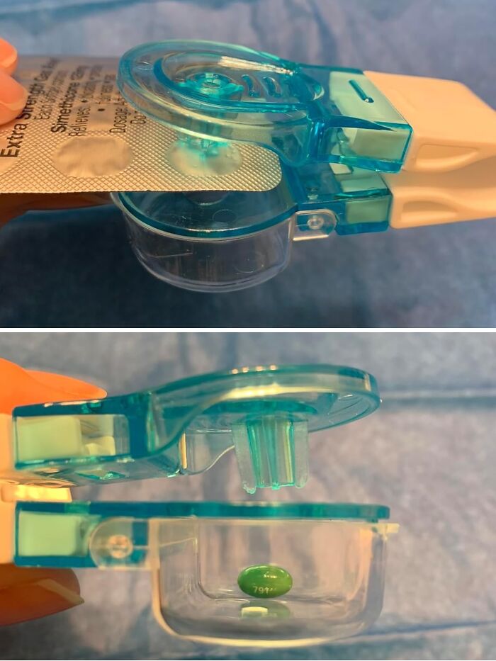 Blue pill crusher device used to crush medication, showcasing one of the random things surprisingly useful for daily tasks.