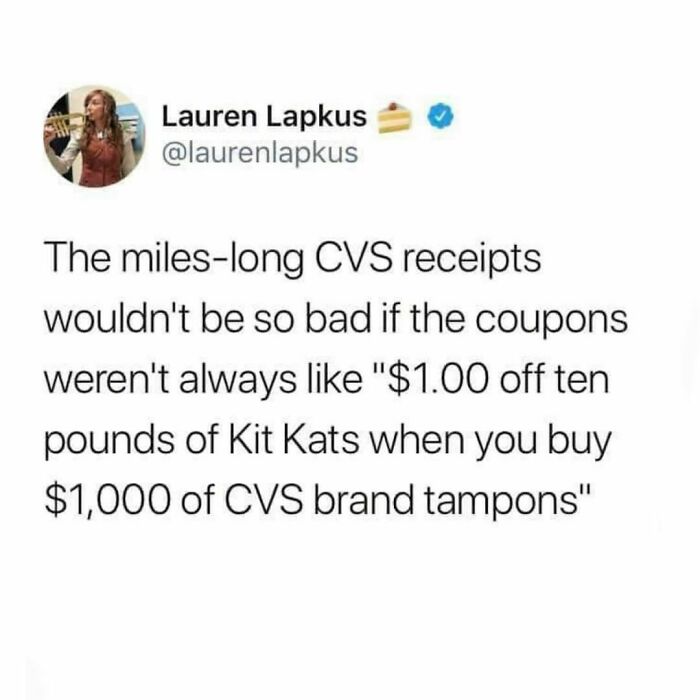 Tweet about hilariously relatable CVS receipt coupons, joking about excessive purchase requirements.
