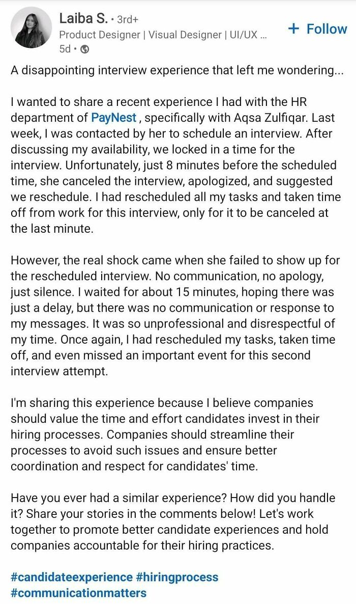 Text post about a frustrating recruiting experience highlighting poor communication in job hunting.
