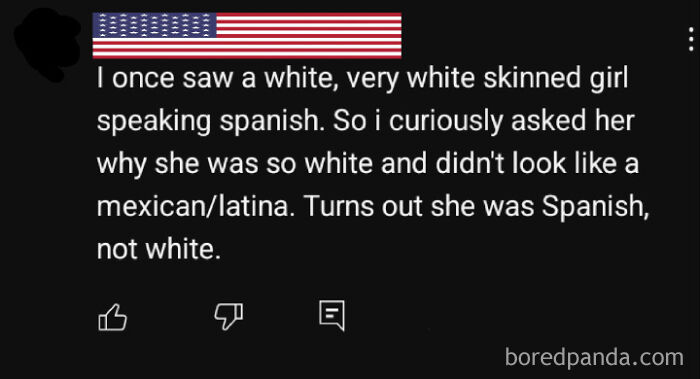 Screenshot of an American comment misunderstanding cultural ethnicity; person differentiating Spanish from white.