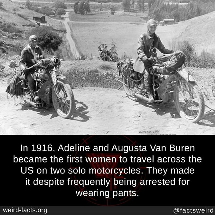 Two women on motorcycles, pioneers in a 1916 journey across the US, highlighting weird historical travel facts.