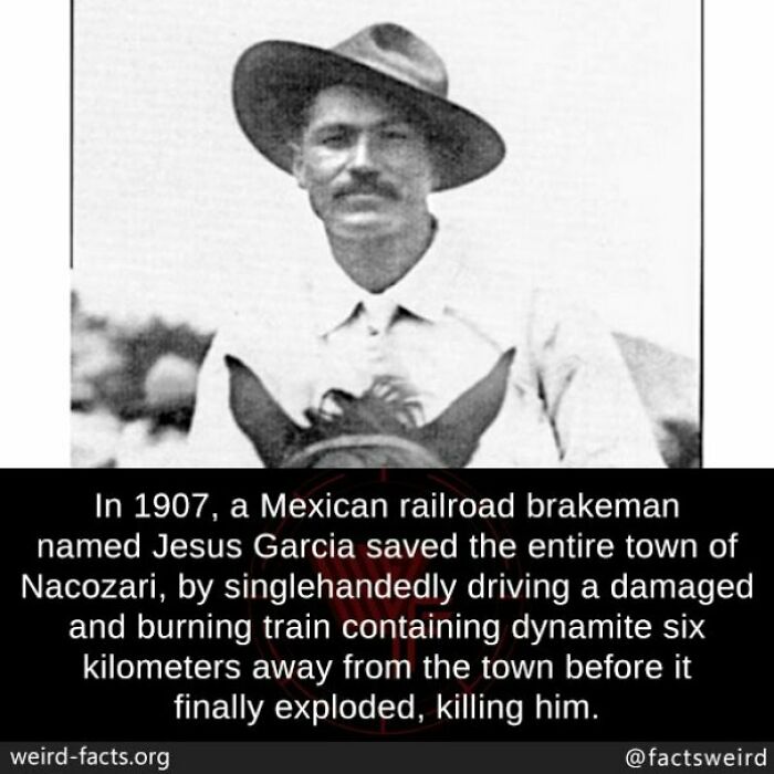Vintage photo of a Mexican railroad brakeman with a mustache, wearing a hat. A text overlay shares a weird fact about his heroism.