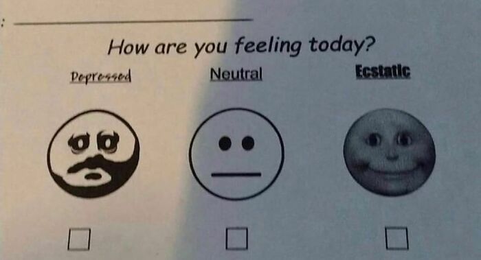 Alt text: Confusing mood chart with awkwardly altered faces showing depressed, neutral, and ecstatic emotions.