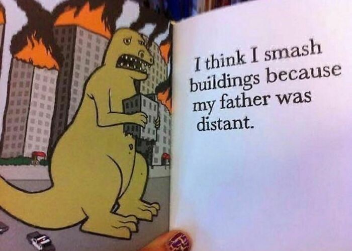 Cartoon dinosaur holding a building with burning skyscrapers behind, a handwritten note showing awkward photos.