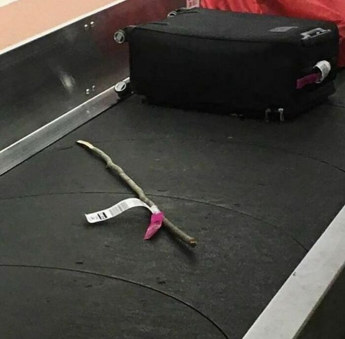A single stick with a luggage tag on a conveyor belt next to a black suitcase, an awkward photo at the airport.