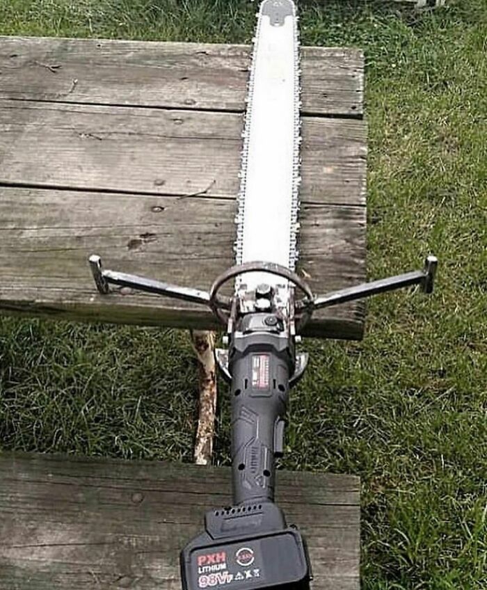 Chainsaw placed awkwardly on weathered wooden bench outdoors, showcasing an uncomfortable and almost painful moment.