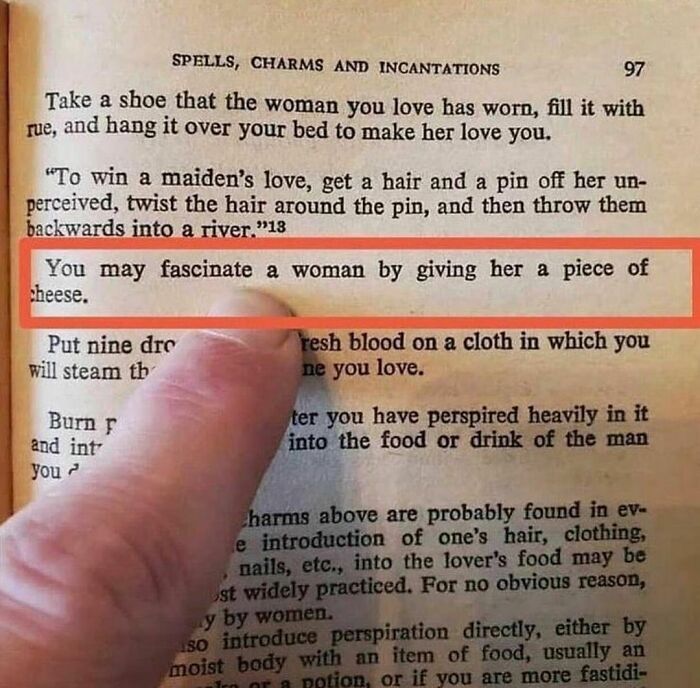 Old book page showing a finger pointing to an awkward charm about fascinating a woman by giving her cheese.