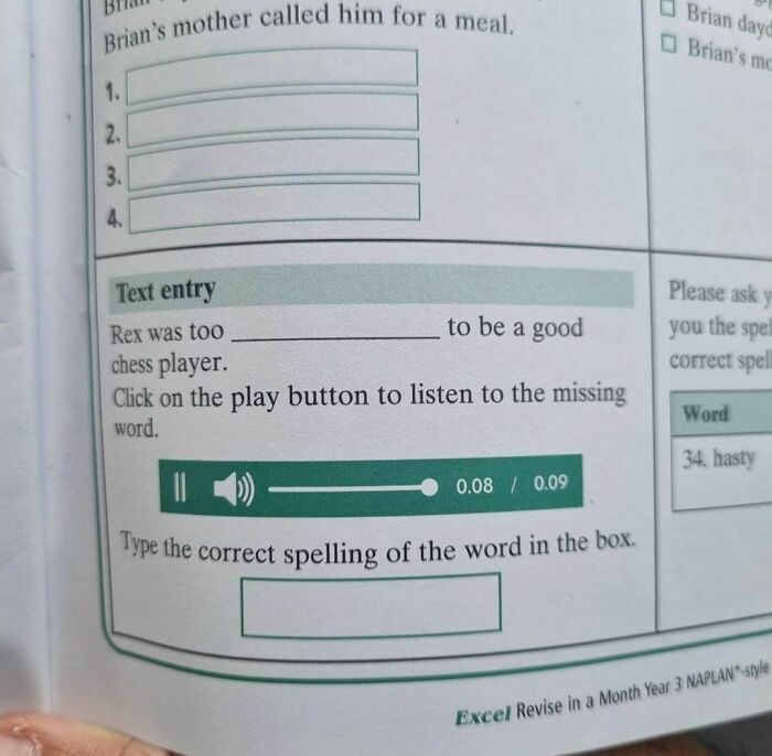 Close-up of a homework page with an awkward question about spelling and listening for a missing word in a chess context.