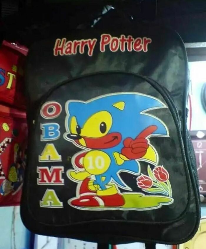 Backpack featuring awkward photo of a distorted Sonic the Hedgehog character with the word Harry Potter above.