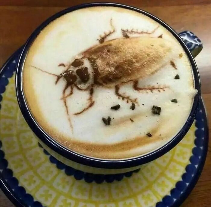 Latte art resembling a realistic cockroach on coffee foam, creating an awkward photo nearly too painful to look at.