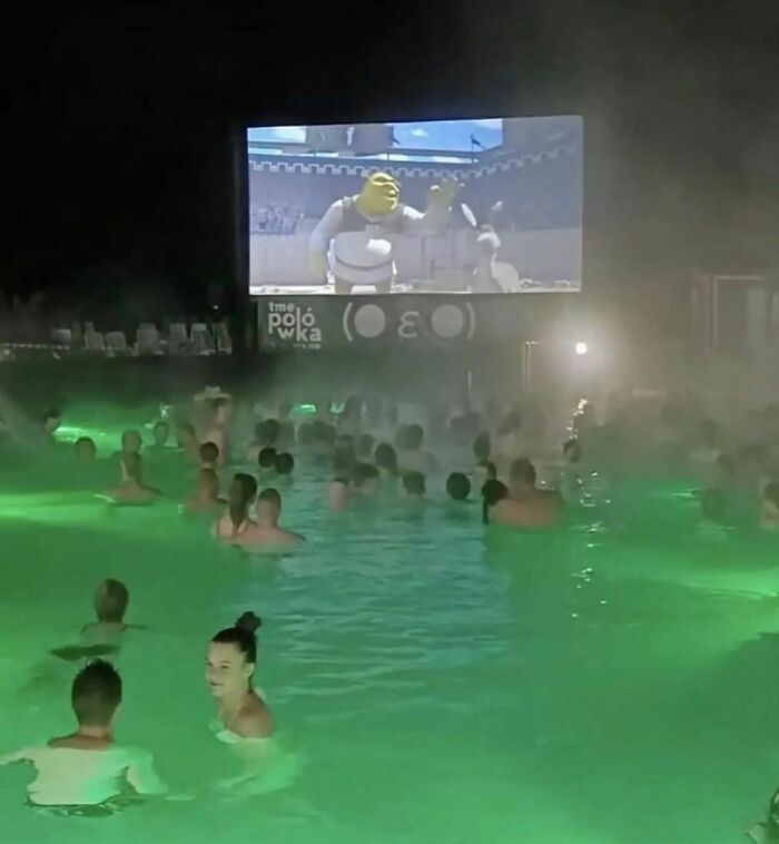 People watching an outdoor movie screening in a pool at night, creating an awkward photos moment with green lighting.