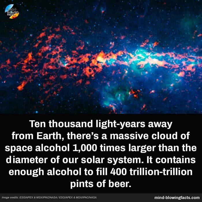 Massive space alcohol cloud ten thousand light-years away, larger than our solar system, with trillions of pints of beer.