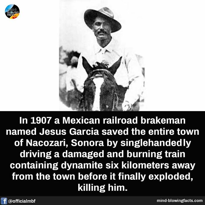 Mexican railroad brakeman Jesus Garcia with a hat, saved Nacozari by driving a burning train carrying dynamite safely away.