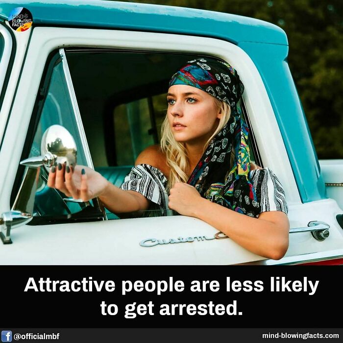 Blonde woman in a colorful headscarf leans out of a vintage truck, illustrating a fascinating fact about attractiveness and arrest.