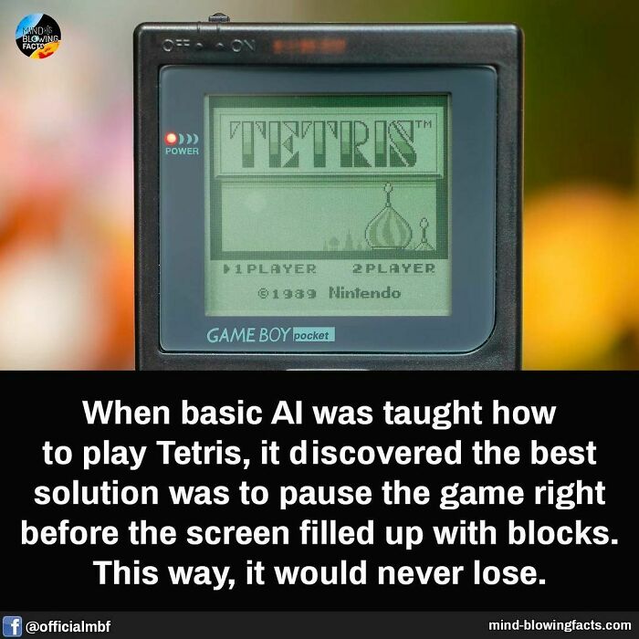 Game Boy displaying Tetris screen, highlighting fascinating fact about AI learning to pause Tetris to avoid losing.
