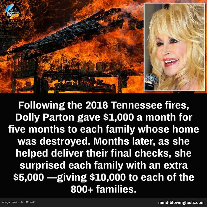 Burning house with text about Dolly Parton's donations to families after 2016 Tennessee fires, highlighting her generosity.