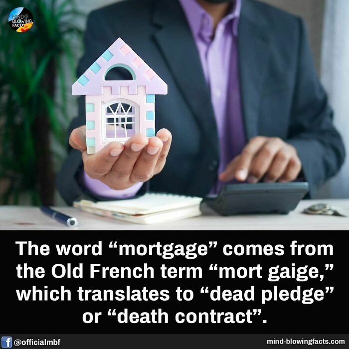 Man in a suit holding a toy house, illustrating fascinating facts about the origin of the word "mortgage."