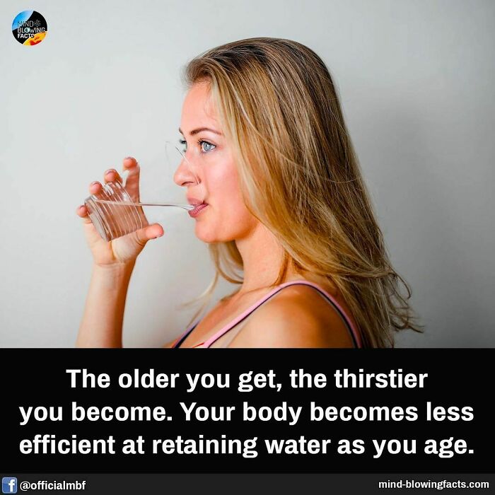 Woman drinking water from a clear glass, illustrating a fascinating fact about aging and hydration efficiency.