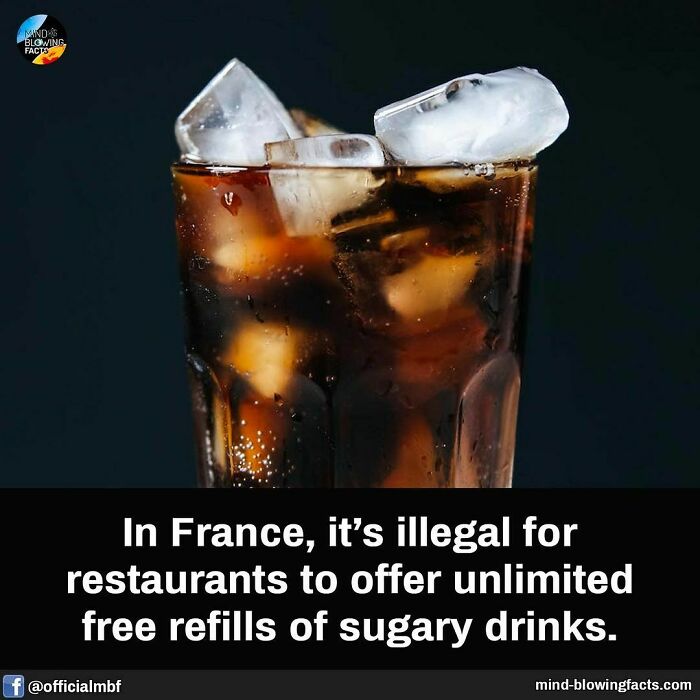 A glass of soda with ice, highlighting a fascinating fact about illegal free refills of sugary drinks in France.
