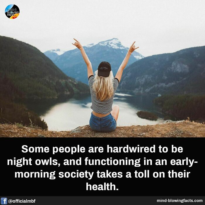Woman raising arms by a lake, showcasing fascinating facts about night owls and early society's impact.