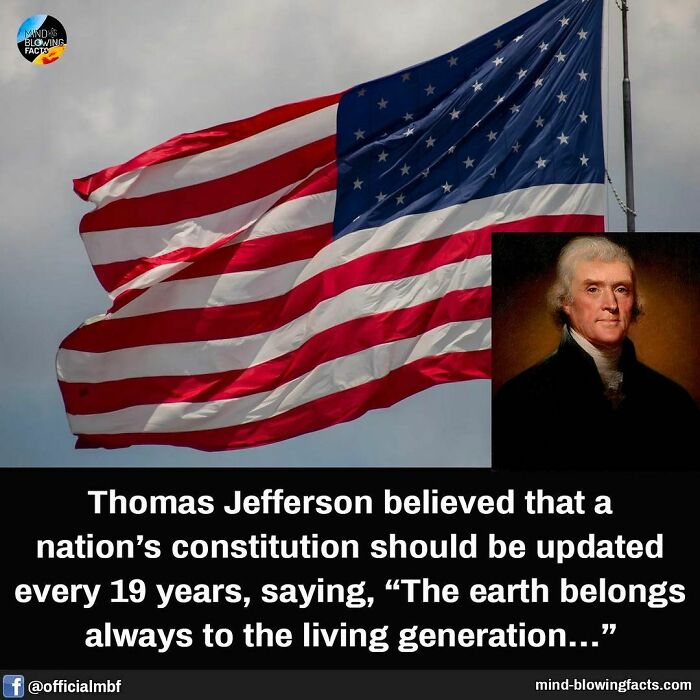 Flag with a quote attributed to Thomas Jefferson, highlighting the need to update a nation's constitution regularly.