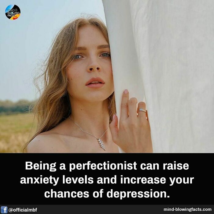 A woman holds a curtain outdoors, with text about perfectionism raising anxiety and depression chances.