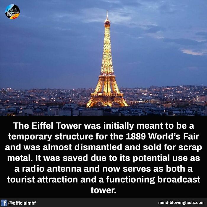 Eiffel Tower illuminated at night, originally meant for 1889 fair; now a famous tourist and broadcast landmark.