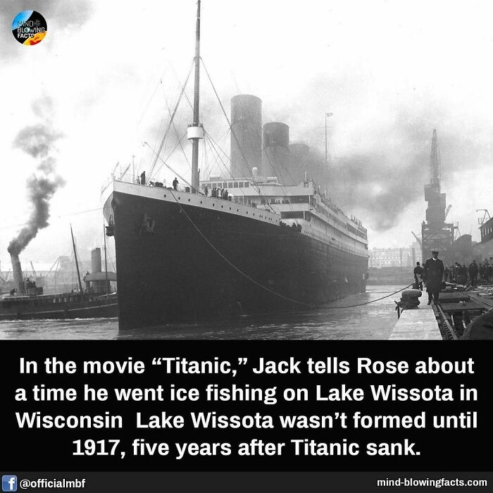 Titanic docked, highlighting a movie fact about Lake Wissota's timeline error.