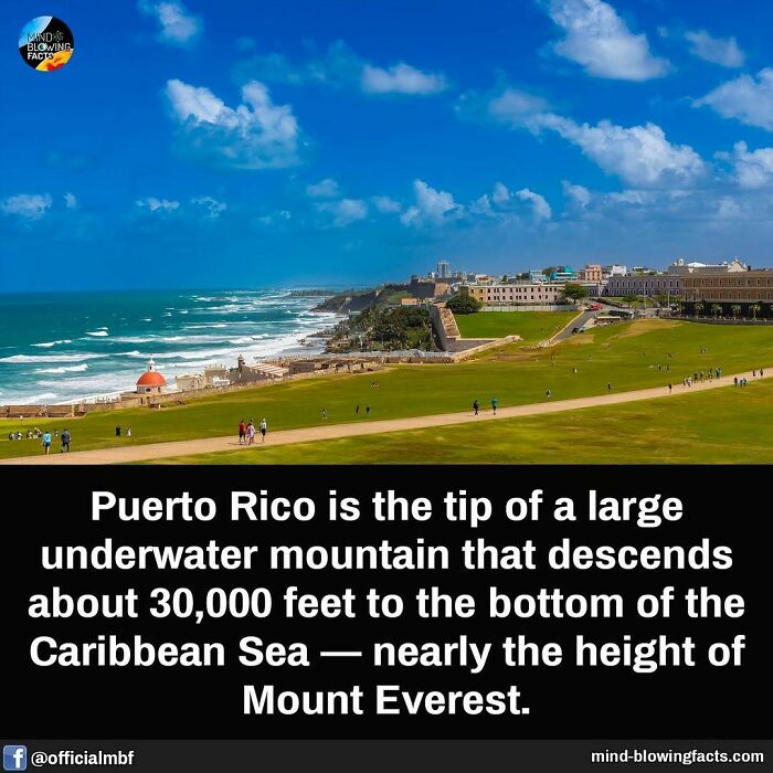 Puerto Rico coastline view with text about underwater mountain reaching deep into the Caribbean Sea. Facts image.