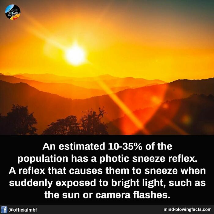 Sunset over hills with text about photic sneeze reflex, a fascinating fact.