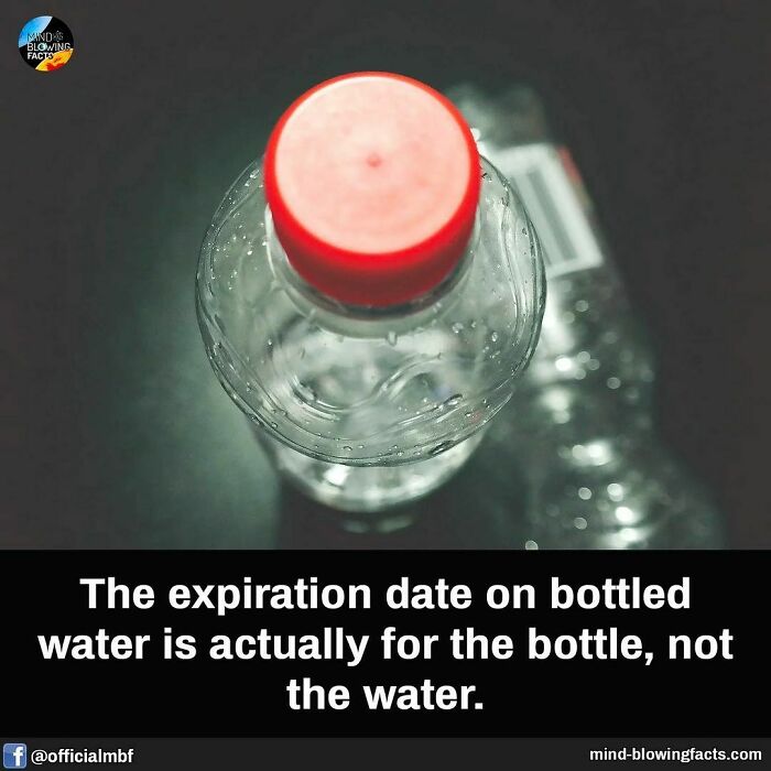 Bottled water with red cap highlighting expiration fact; date is for the bottle itself.