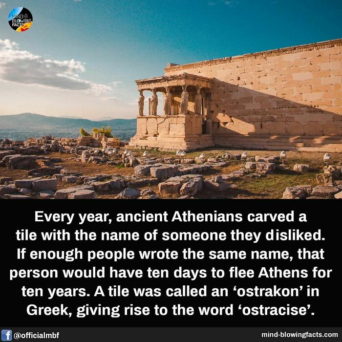 Ancient Greek building on a sunny day with text about Athenian ostracism, sharing fascinating historical facts.
