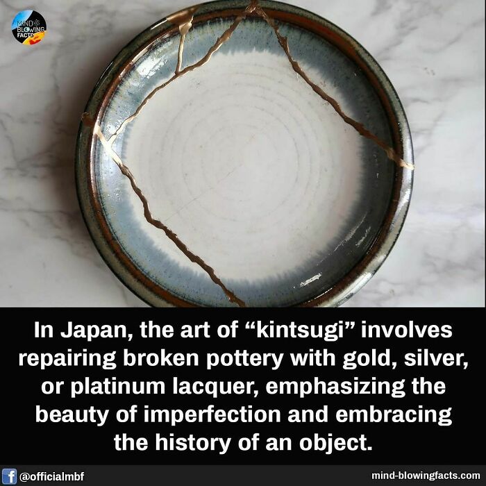 Kintsugi pottery repaired with gold highlights imperfections, showcasing a fascinating Japanese art form.