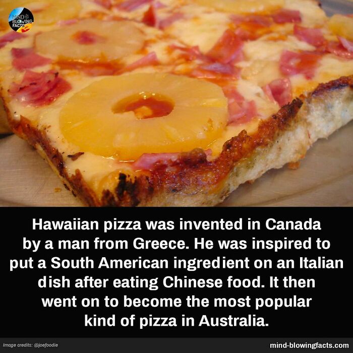 Close-up of a Hawaiian pizza slice with pineapples, showcasing one of 80 fascinating facts.