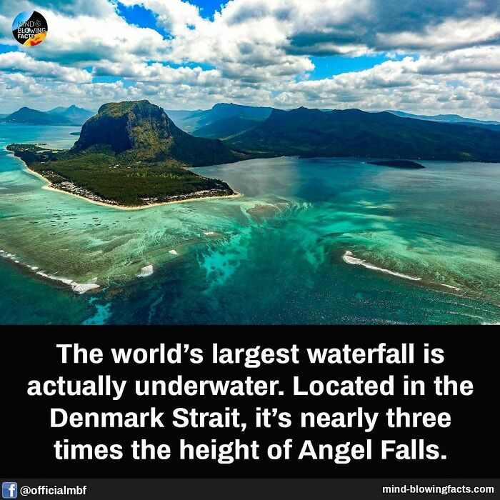 Underwater waterfall in Denmark Strait, nearly three times taller than Angel Falls, surrounded by ocean and land.