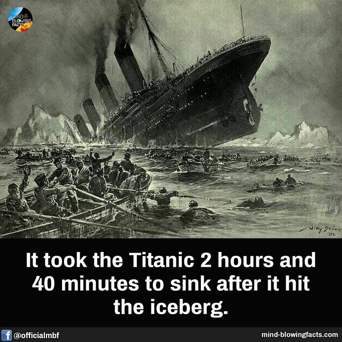 Vintage illustration of the Titanic sinking with boats and people in water, sharing amazing facts about the disaster.