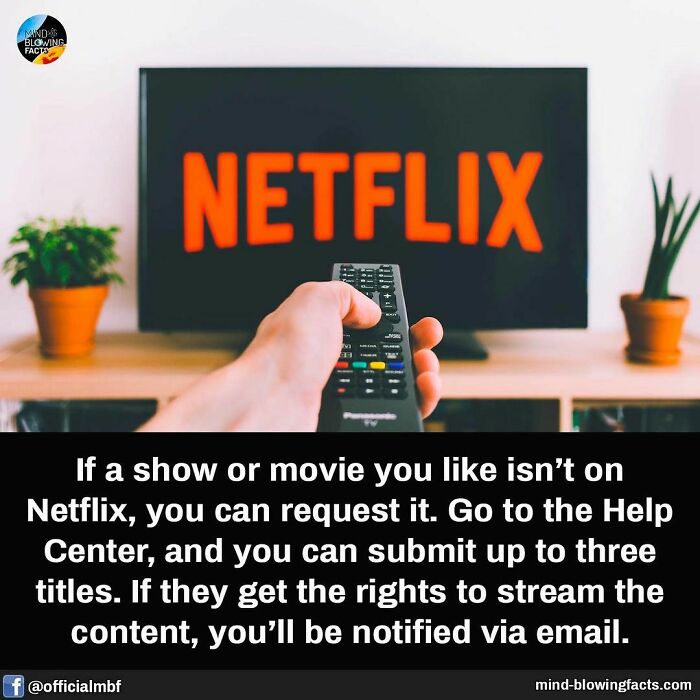 Hand holding remote pointing at TV with Netflix logo, illustrating amazing facts from an Instagram page.